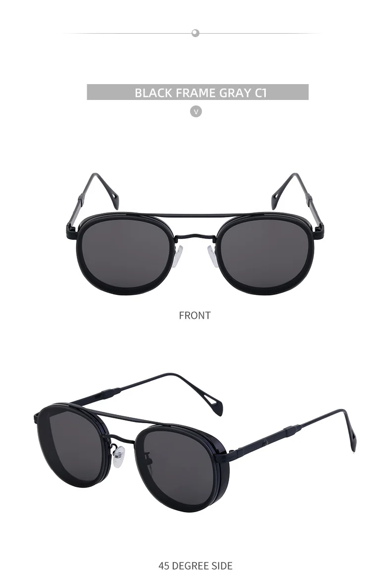 Black Metal Retro Oval Sunglasses - Vintage Small Frame Side Shield Shades - Details 23