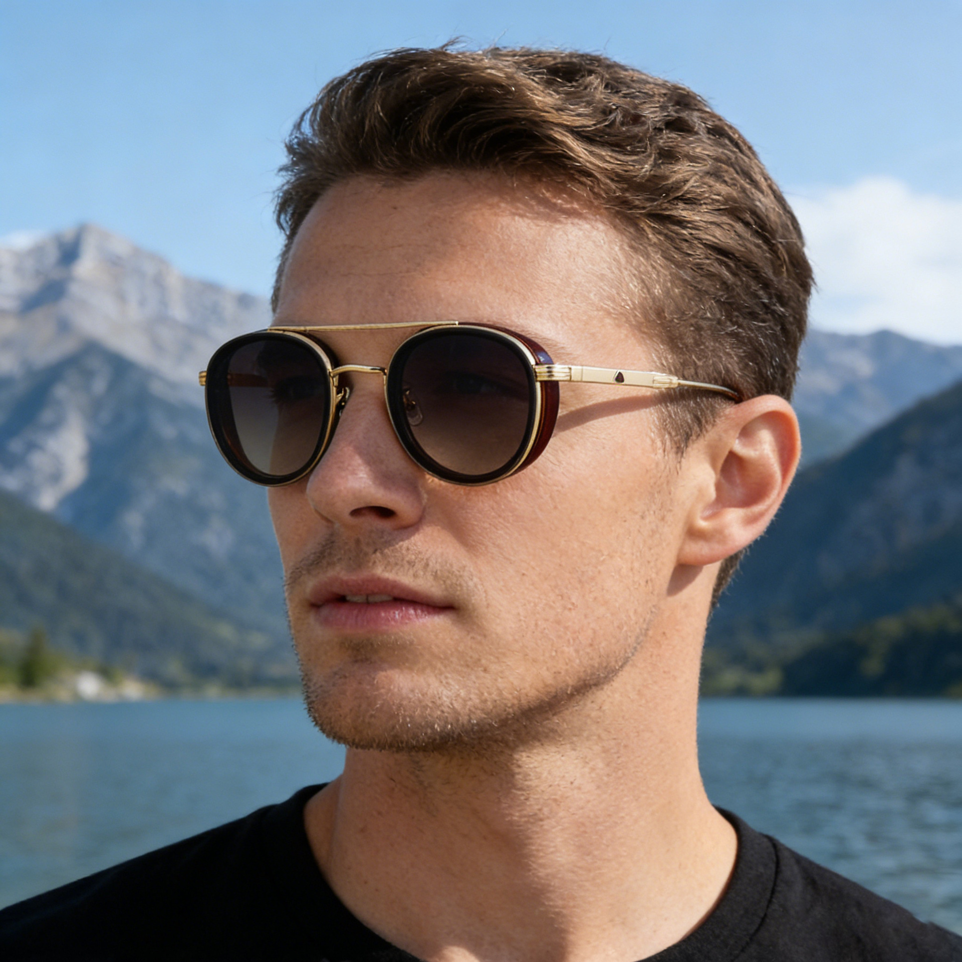 Black Metal Retro Oval Sunglasses - Vintage Small Frame Side Shield Shades - View 1