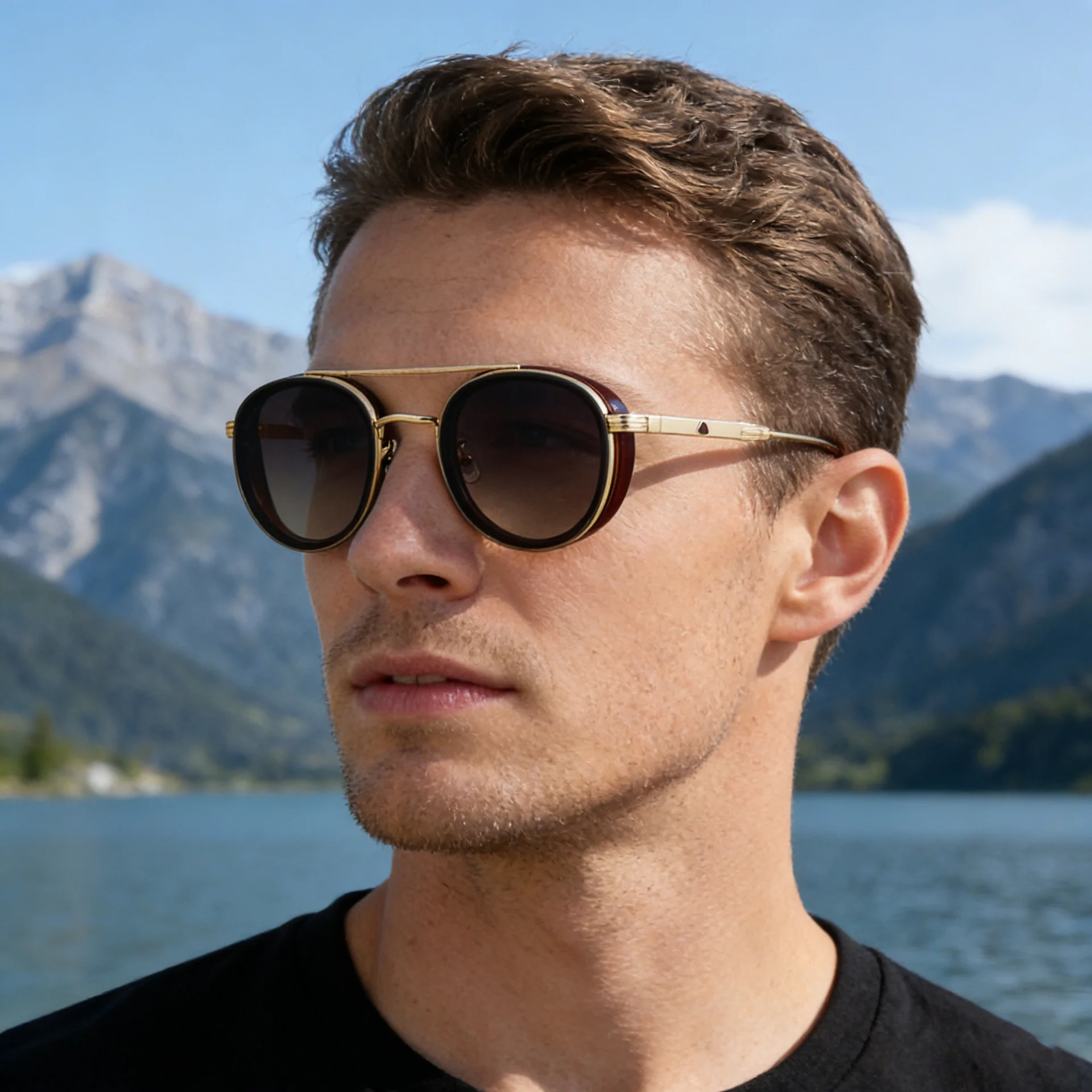 Black Metal Retro Oval Sunglasses - Vintage Small Frame Side Shield Shades - View 1