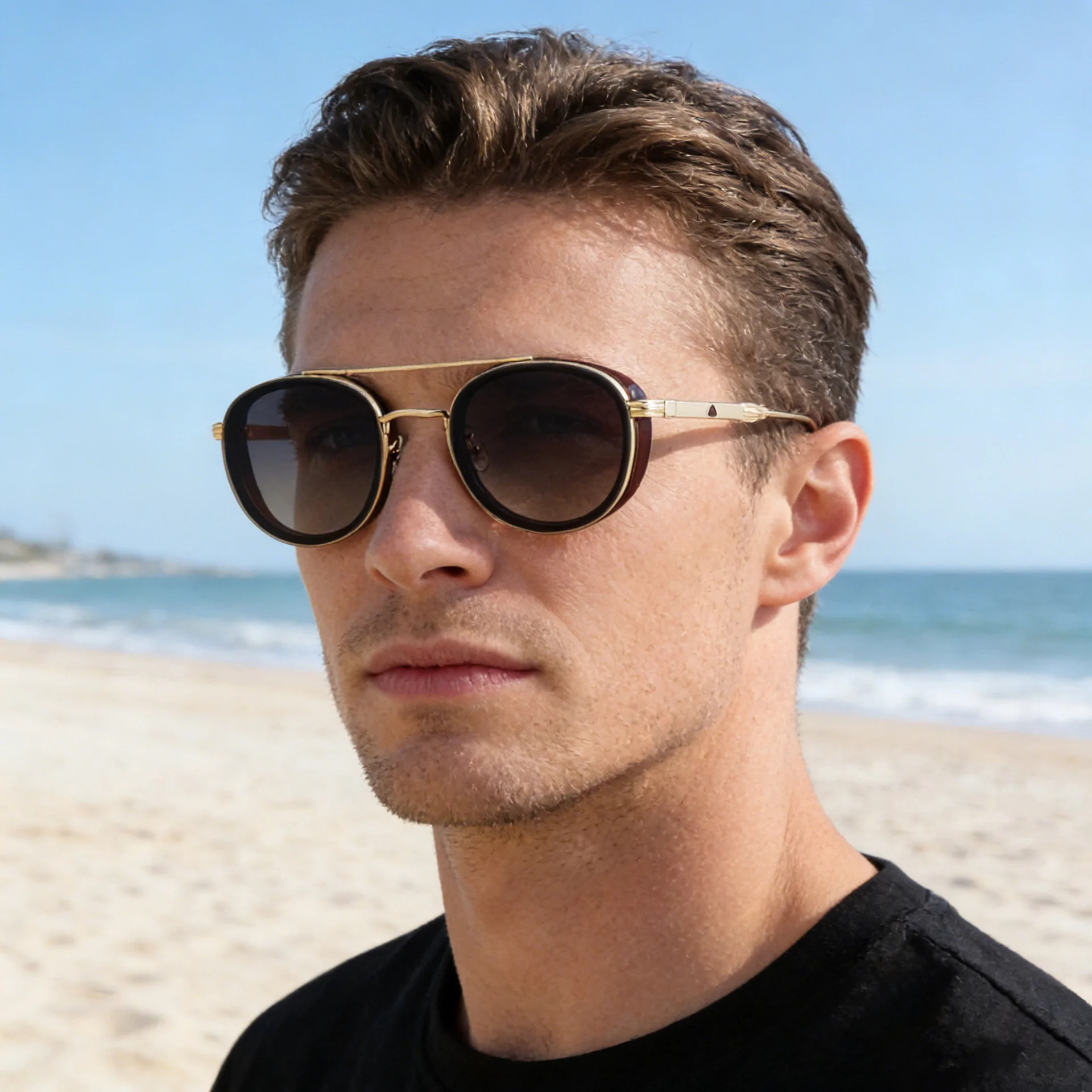 Black Metal Retro Oval Sunglasses - Vintage Small Frame Side Shield Shades - View 2