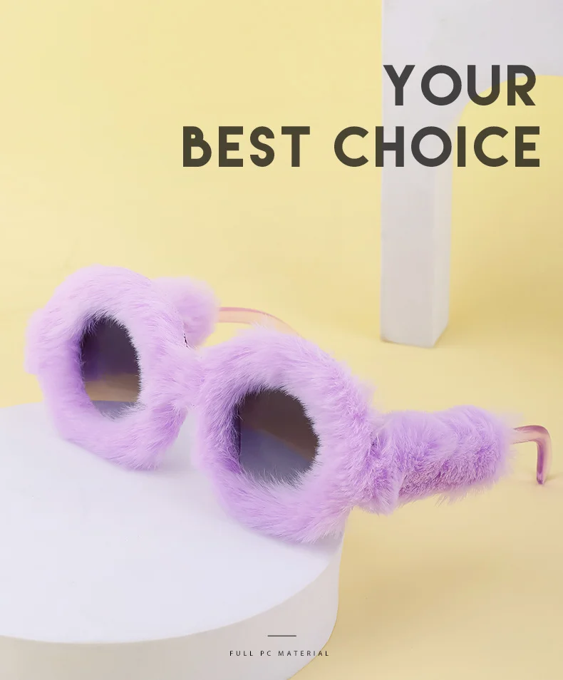Black PC Women's Fuzzy Round Sunglasses - Fashion Plush Full Frame Viral Shades - Details 6