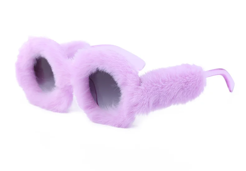 Black PC Women's Fuzzy Round Sunglasses - Fashion Plush Full Frame Viral Shades - Details 9