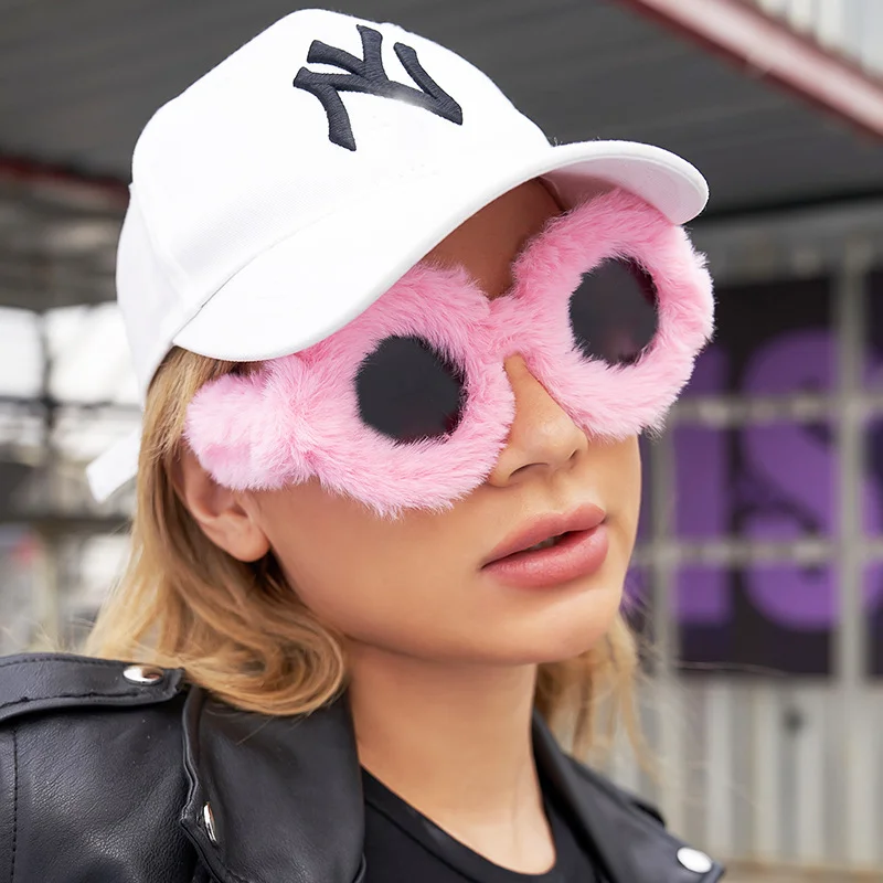 Women's Fuzzy Round Sunglasses - Fashion Plush Full Frame Viral Shades