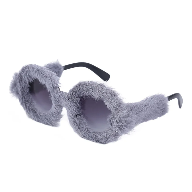 Black PC Women's Fuzzy Round Sunglasses - Fashion Plush Full Frame Viral Shades - View 5