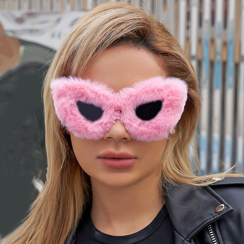 Black PC Women's Fuzzy Cat Eye Sunglasses - Fashion Plush Winter Sun Glasses - View 1
