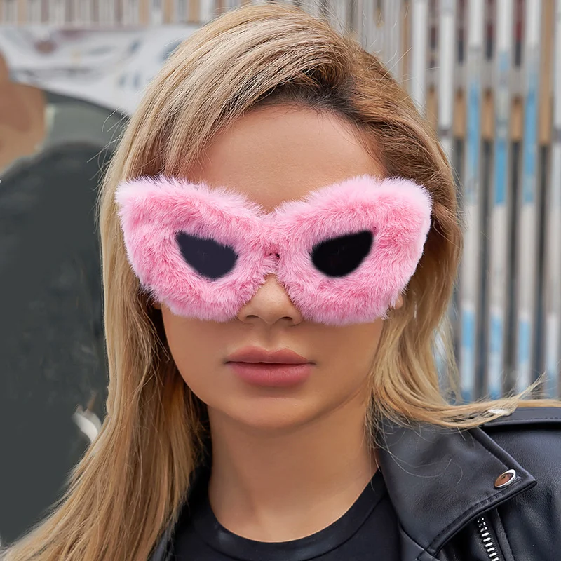 Black PC Women's Fuzzy Cat Eye Sunglasses - Fashion Plush Winter Sun Glasses - View 1