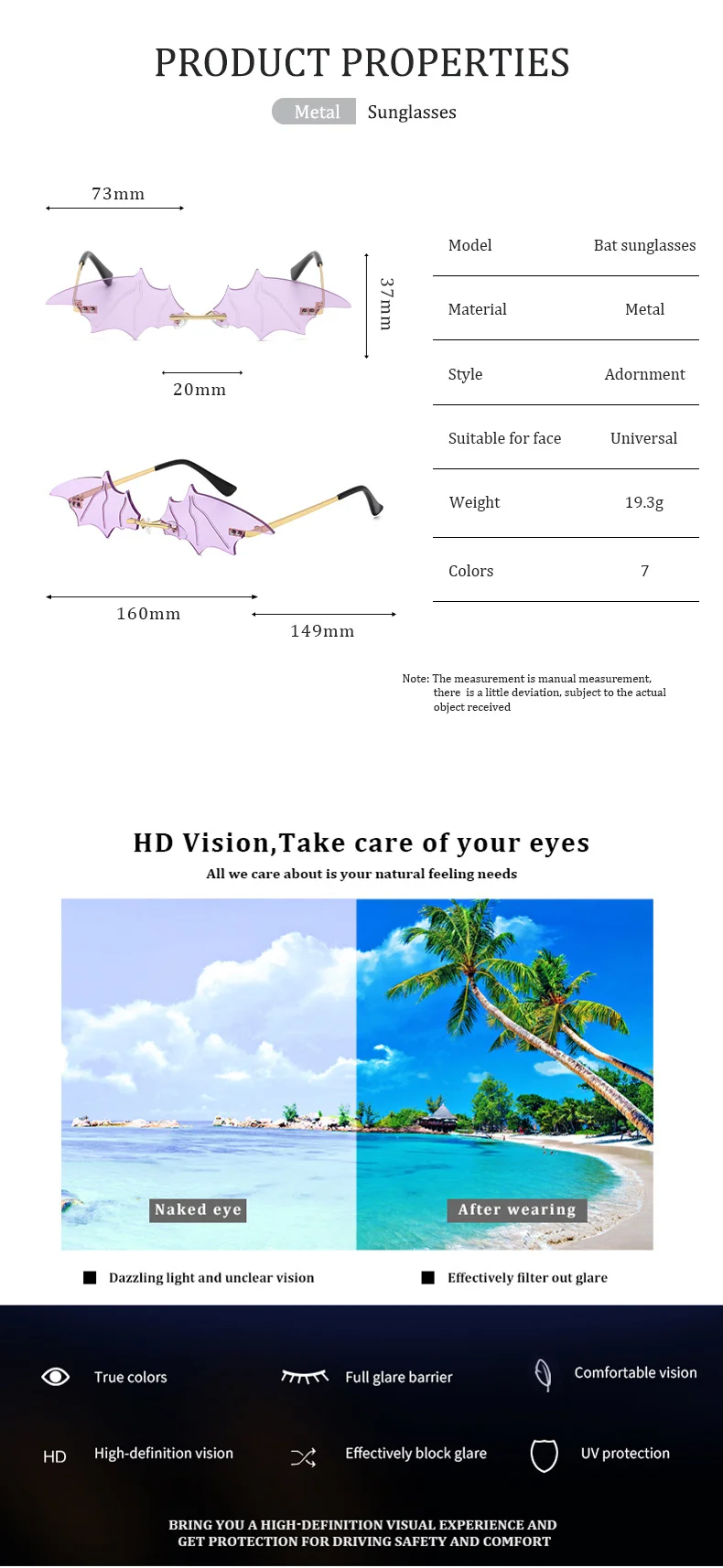 Black PC Novelty Bat Shaped Sunglasses Women - Funny Small Frame Party Streetwear Shades - Details 4