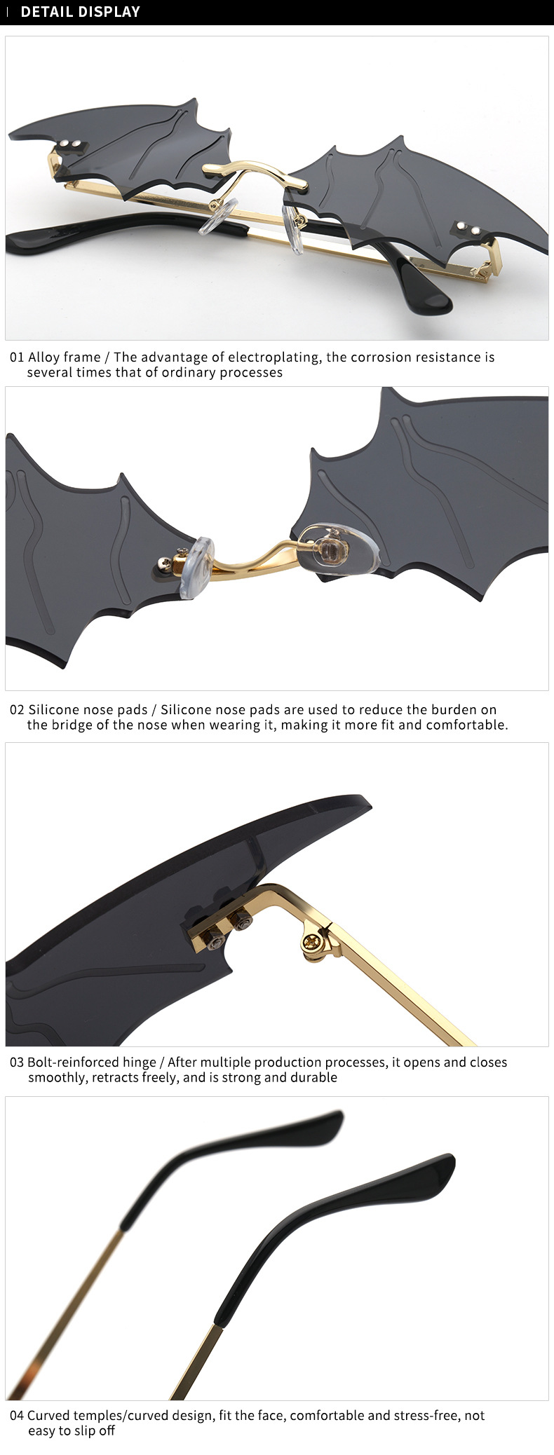 Black PC Novelty Bat Shaped Sunglasses Women - Funny Small Frame Party Streetwear Shades - Details 14