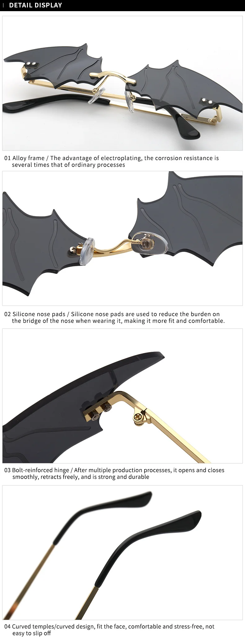 Black PC Novelty Bat Shaped Sunglasses Women - Funny Small Frame Party Streetwear Shades - Details 14