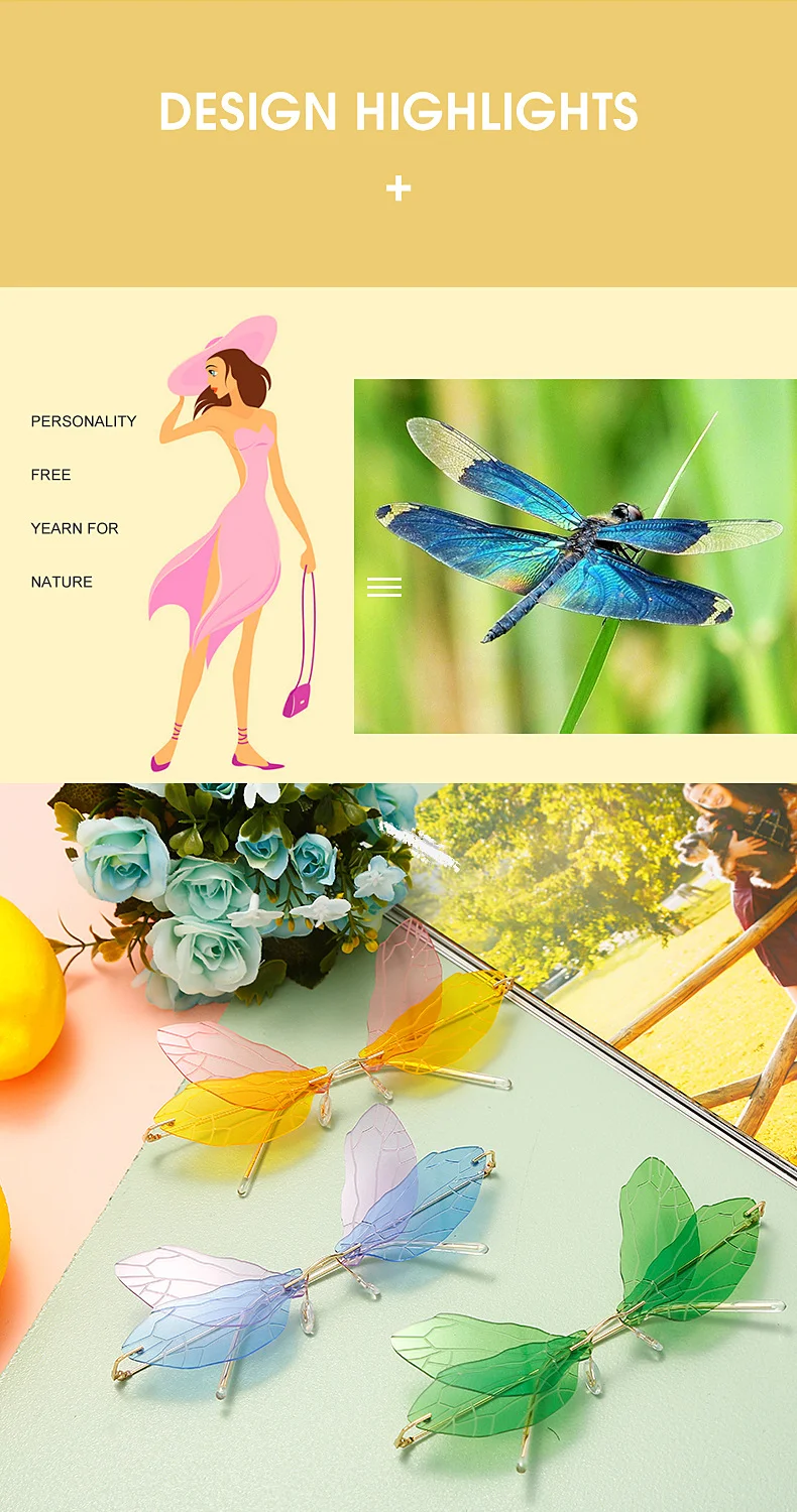 Black PC Dragonfly Wing Sunglasses Women - Stylish Rimless Double Lens Party Shades - Details 3