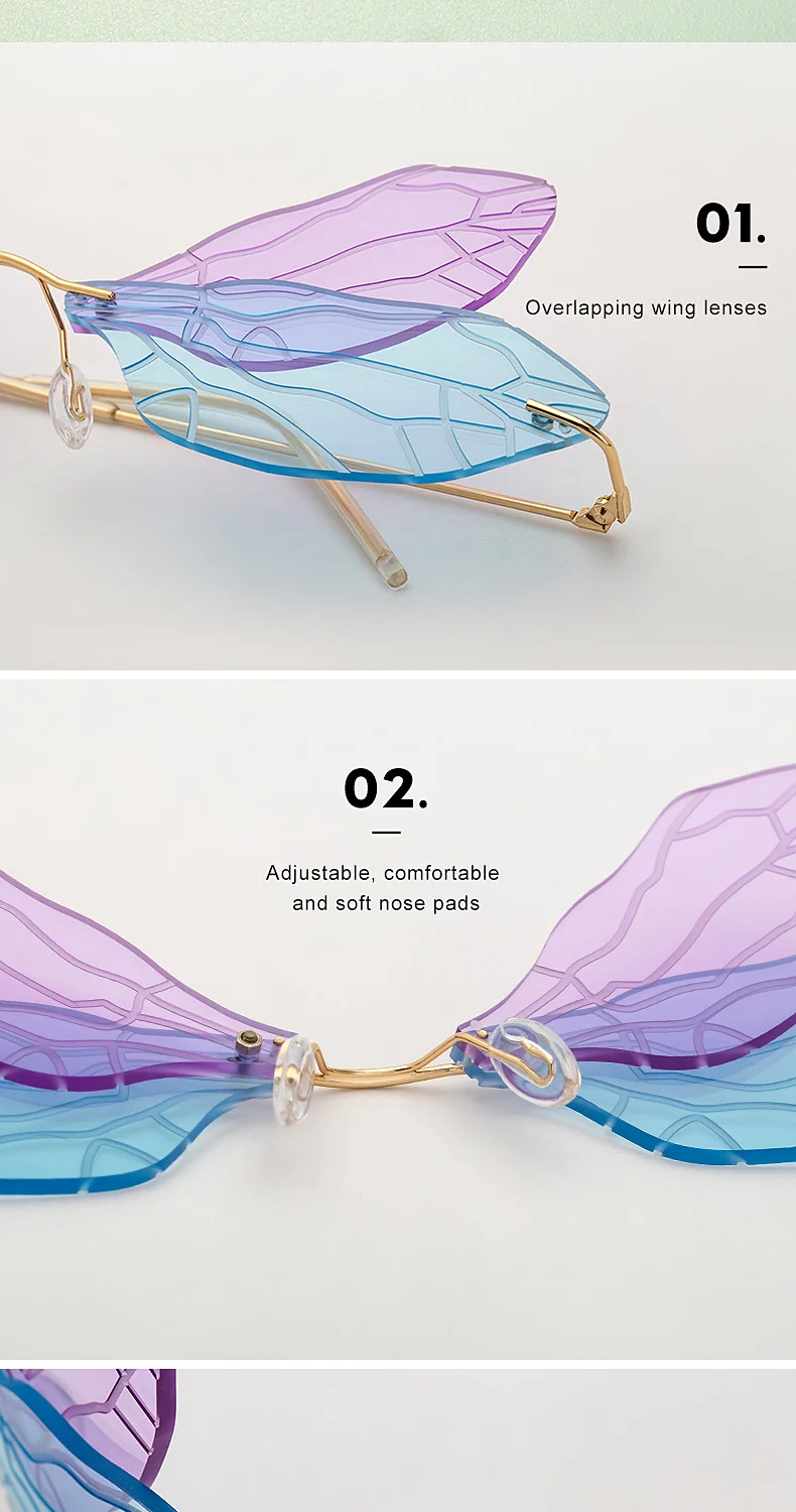 Black PC Dragonfly Wing Sunglasses Women - Stylish Rimless Double Lens Party Shades - Details 4