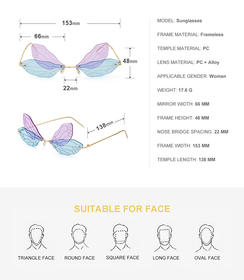 Black PC Dragonfly Wing Sunglasses Women - Stylish Rimless Double Lens Party Shades - Details 6