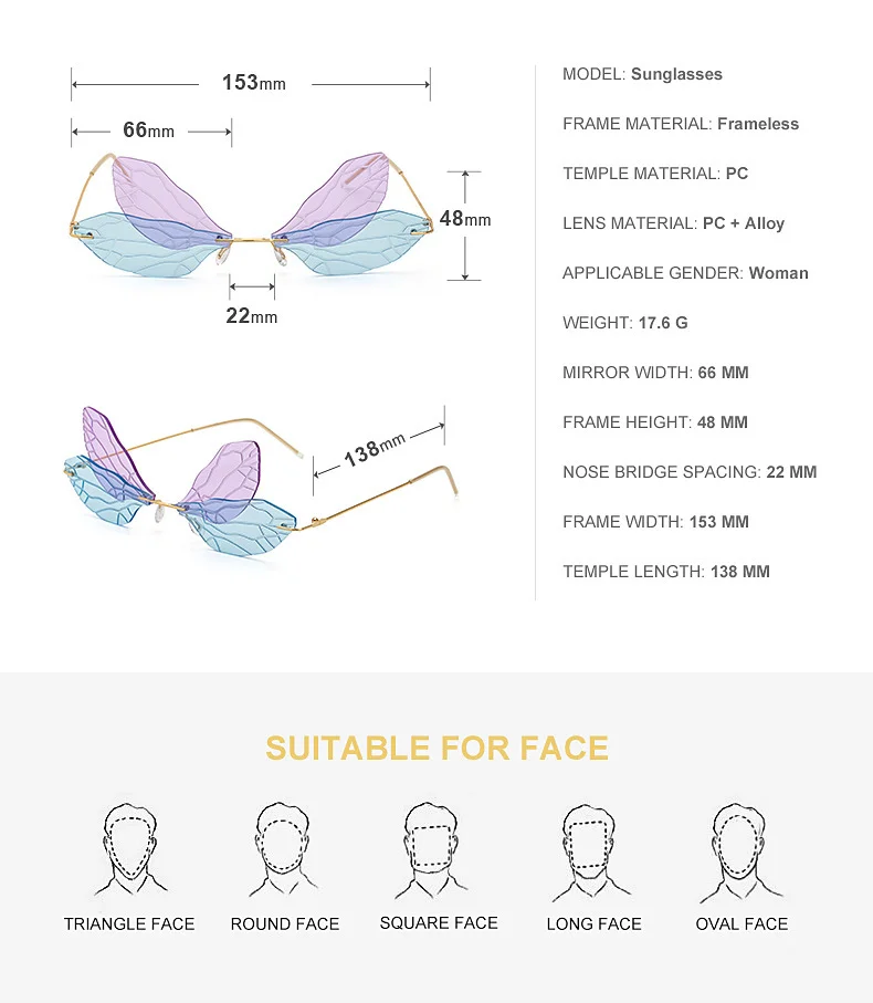 Black PC Dragonfly Wing Sunglasses Women - Stylish Rimless Double Lens Party Shades - Details 6