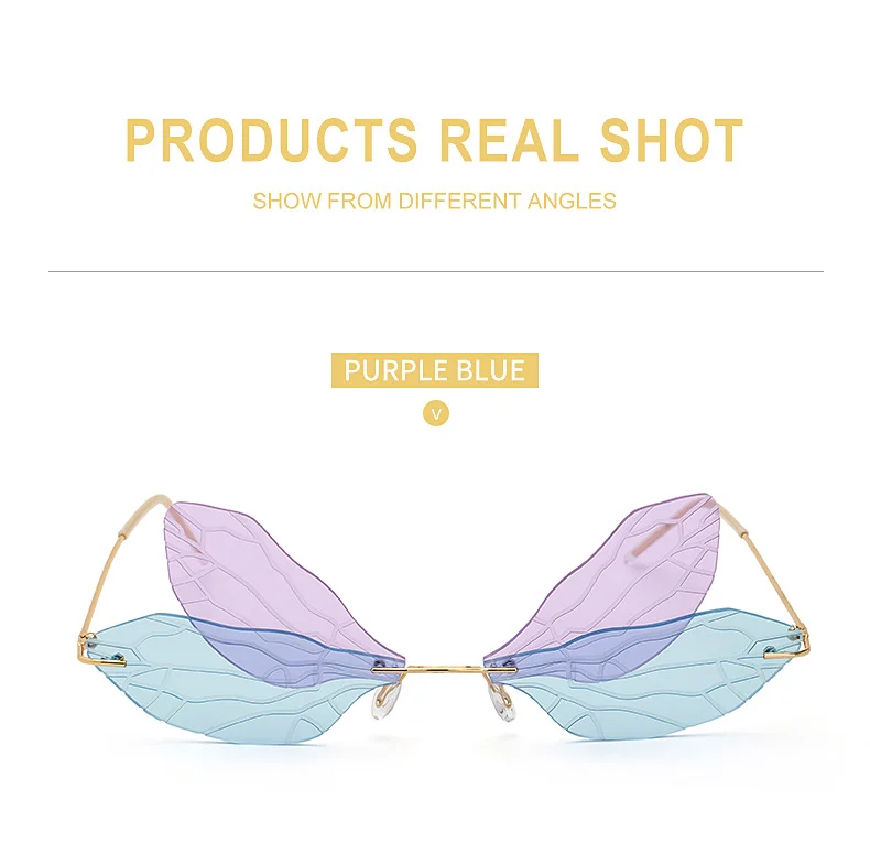 Black PC Dragonfly Wing Sunglasses Women - Stylish Rimless Double Lens Party Shades - Details 9