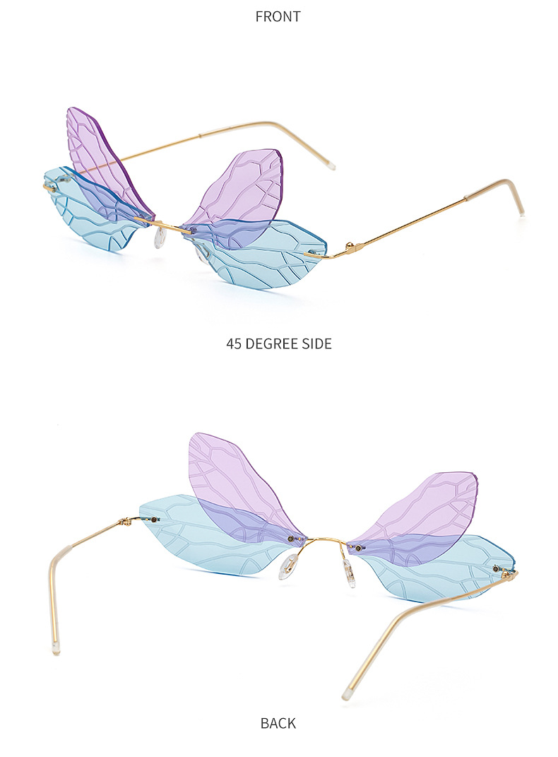 Black PC Dragonfly Wing Sunglasses Women - Stylish Rimless Double Lens Party Shades - Details 10