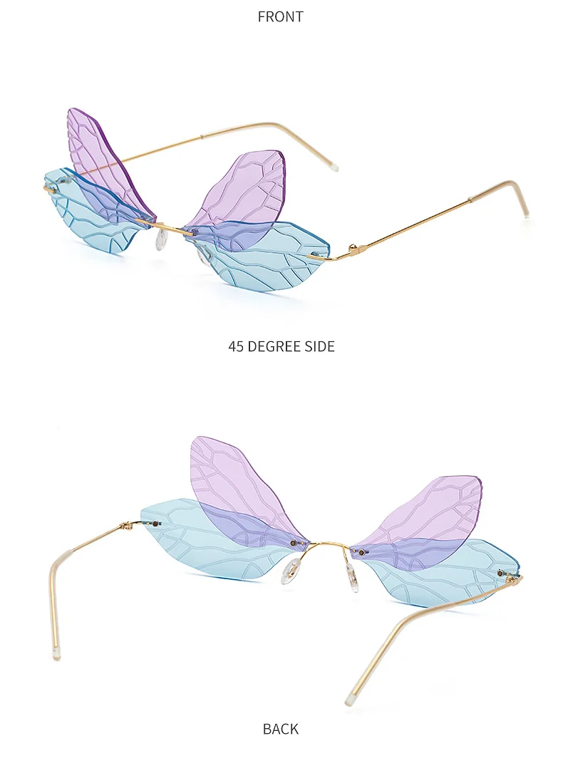 Black PC Dragonfly Wing Sunglasses Women - Stylish Rimless Double Lens Party Shades - Details 10