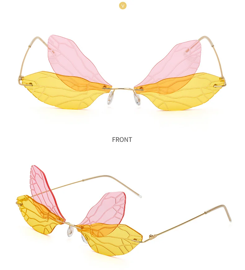 Black PC Dragonfly Wing Sunglasses Women - Stylish Rimless Double Lens Party Shades - Details 13