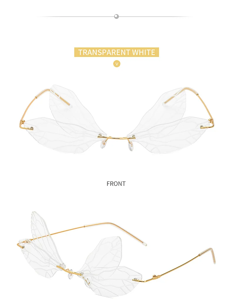 Black PC Dragonfly Wing Sunglasses Women - Stylish Rimless Double Lens Party Shades - Details 16