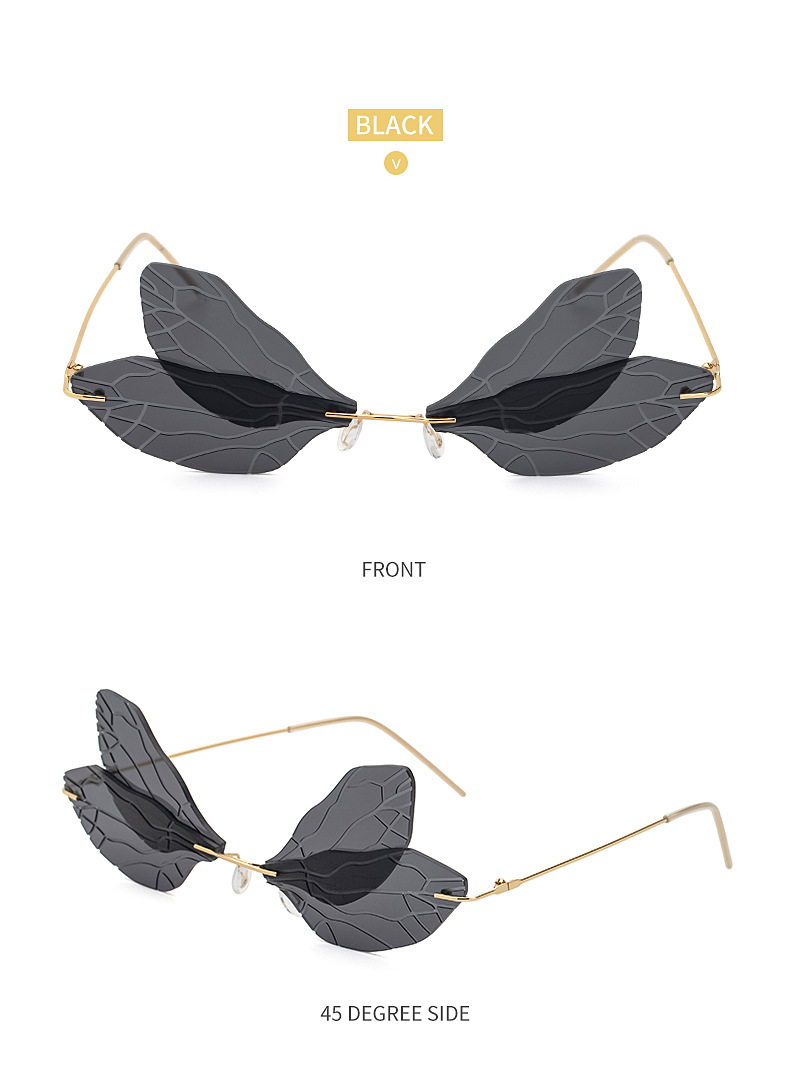 Black PC Dragonfly Wing Sunglasses Women - Stylish Rimless Double Lens Party Shades - Details 18