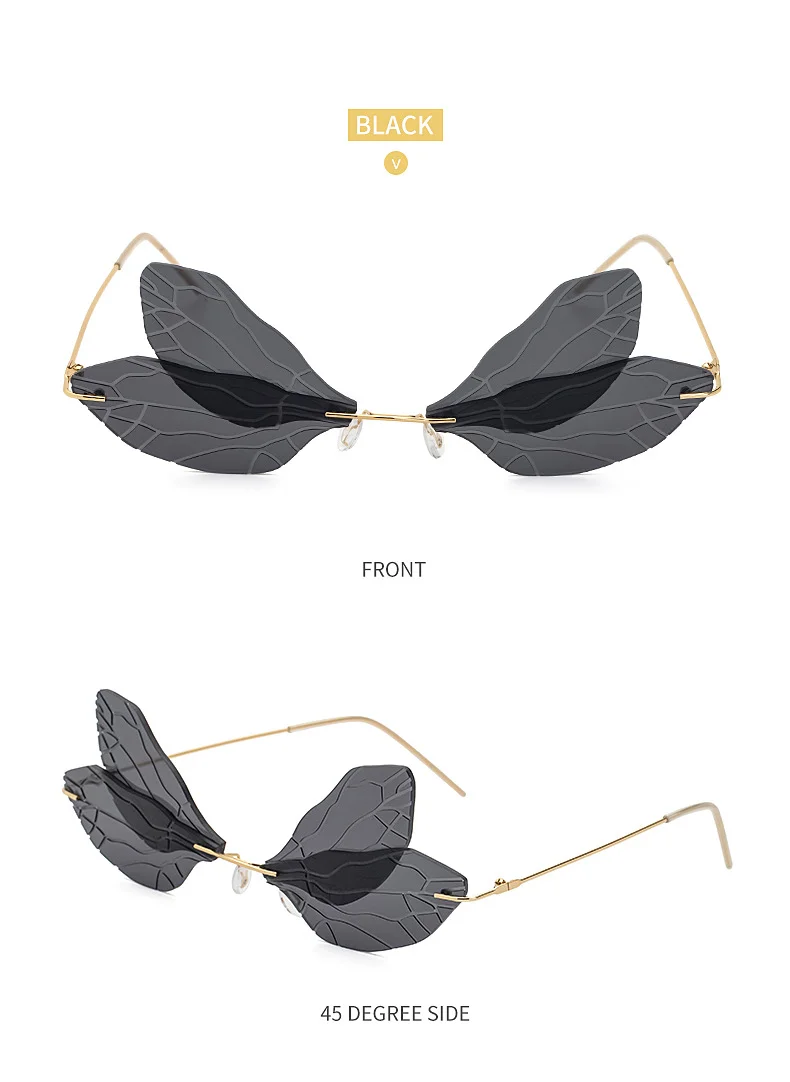 Black PC Dragonfly Wing Sunglasses Women - Stylish Rimless Double Lens Party Shades - Details 18