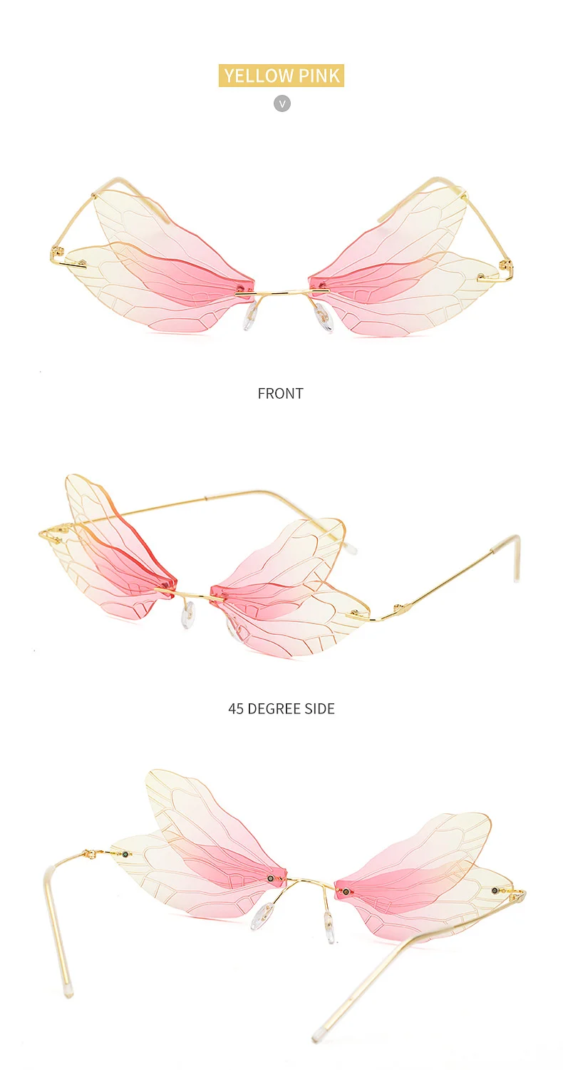 Black PC Dragonfly Wing Sunglasses Women - Stylish Rimless Double Lens Party Shades - Details 20