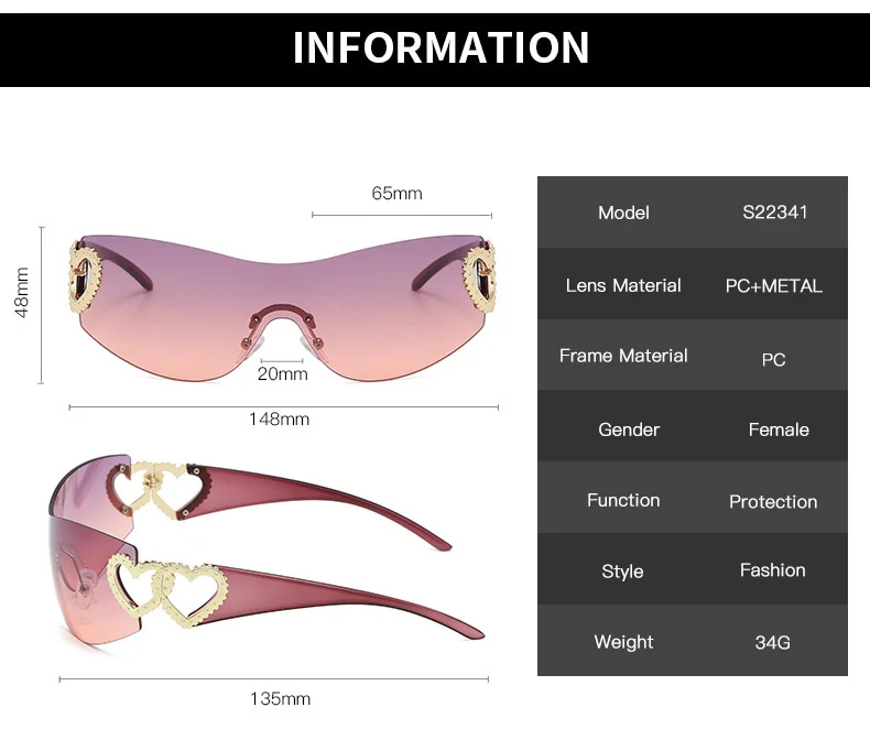 Multiple colors available Frameless Frameless Double Heart Sunglasses - Trendy UV Protection / $2.69 per pair (Wholesale Price) - View 3