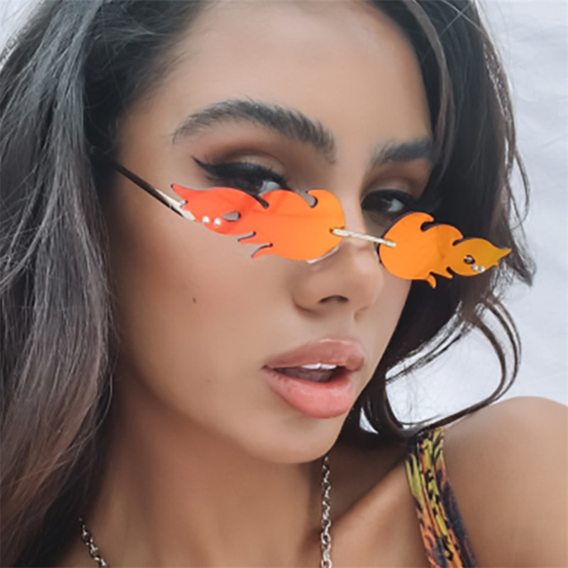 Black PC Novelty Flame Sunglasses Women - Metal Rimless Fire Party Costume Glasses - Details 1
