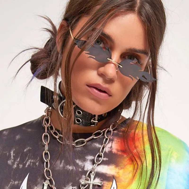 Black PC Novelty Flame Sunglasses Women - Metal Rimless Fire Party Costume Glasses - Details 4