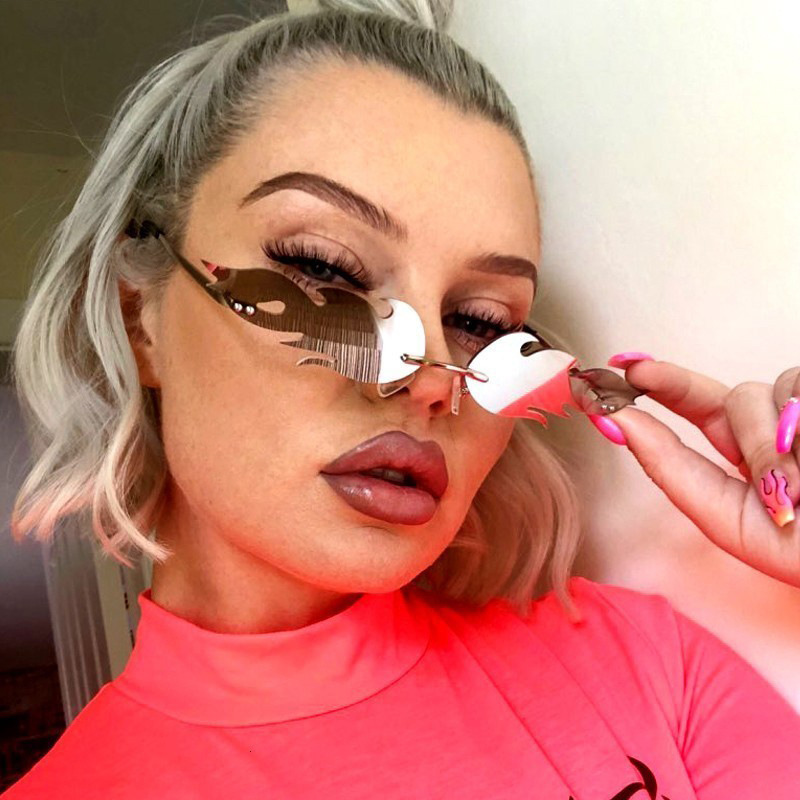 Black PC Novelty Flame Sunglasses Women - Metal Rimless Fire Party Costume Glasses - Details 5
