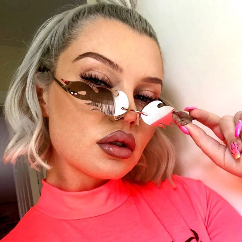 Black PC Novelty Flame Sunglasses Women - Metal Rimless Fire Party Costume Glasses - Details 5