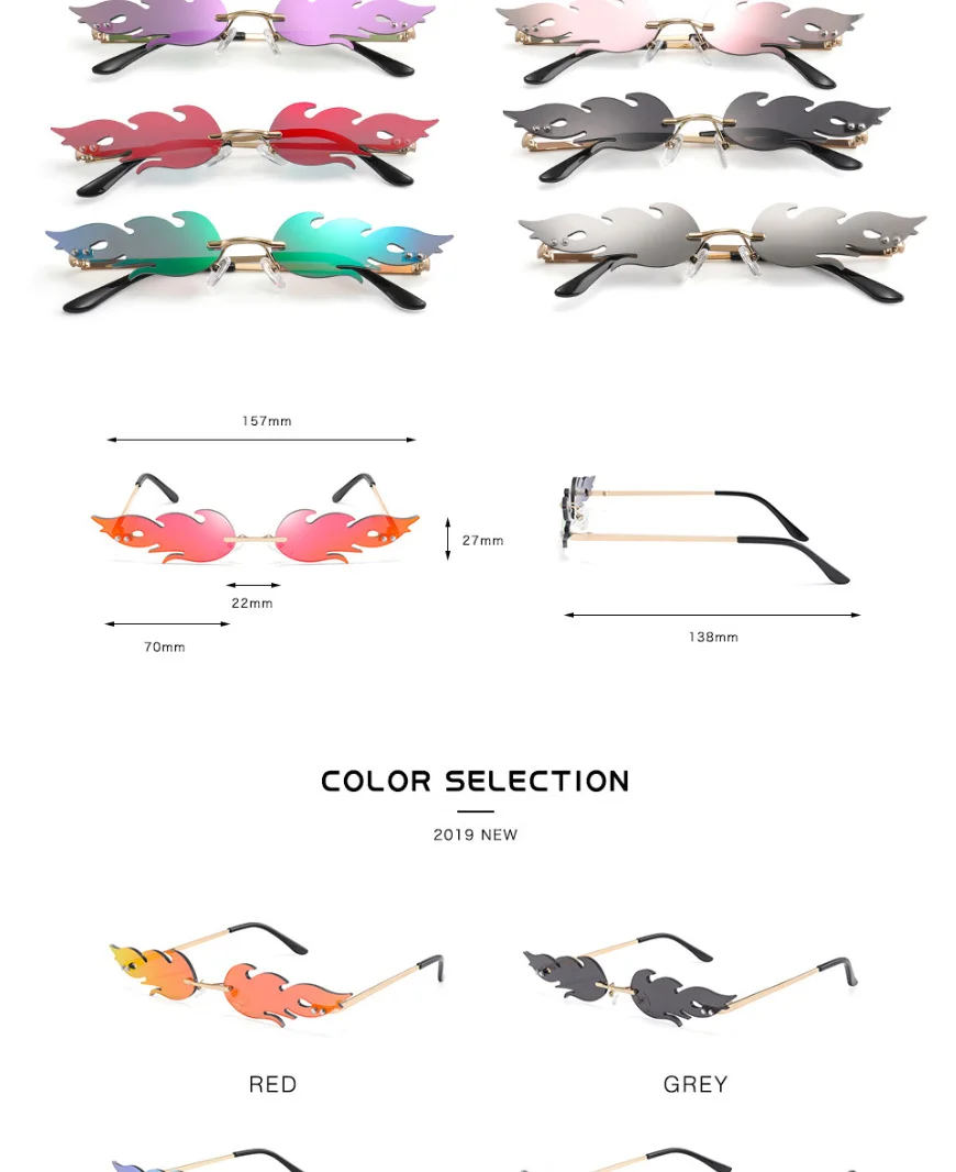 Black PC Novelty Flame Sunglasses Women - Metal Rimless Fire Party Costume Glasses - Details 8