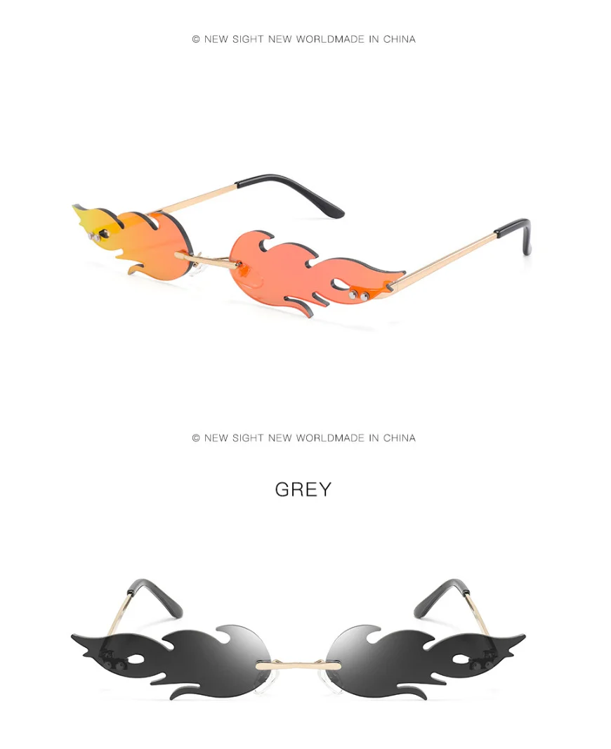 Black PC Novelty Flame Sunglasses Women - Metal Rimless Fire Party Costume Glasses - Details 10