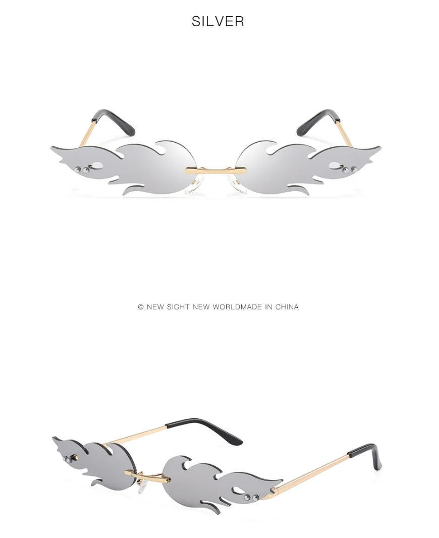 Black PC Novelty Flame Sunglasses Women - Metal Rimless Fire Party Costume Glasses - Details 15