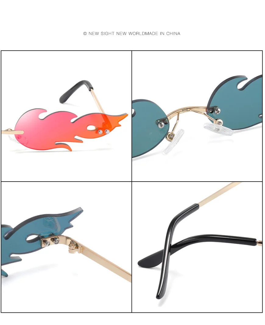 Black PC Novelty Flame Sunglasses Women - Metal Rimless Fire Party Costume Glasses - Details 16