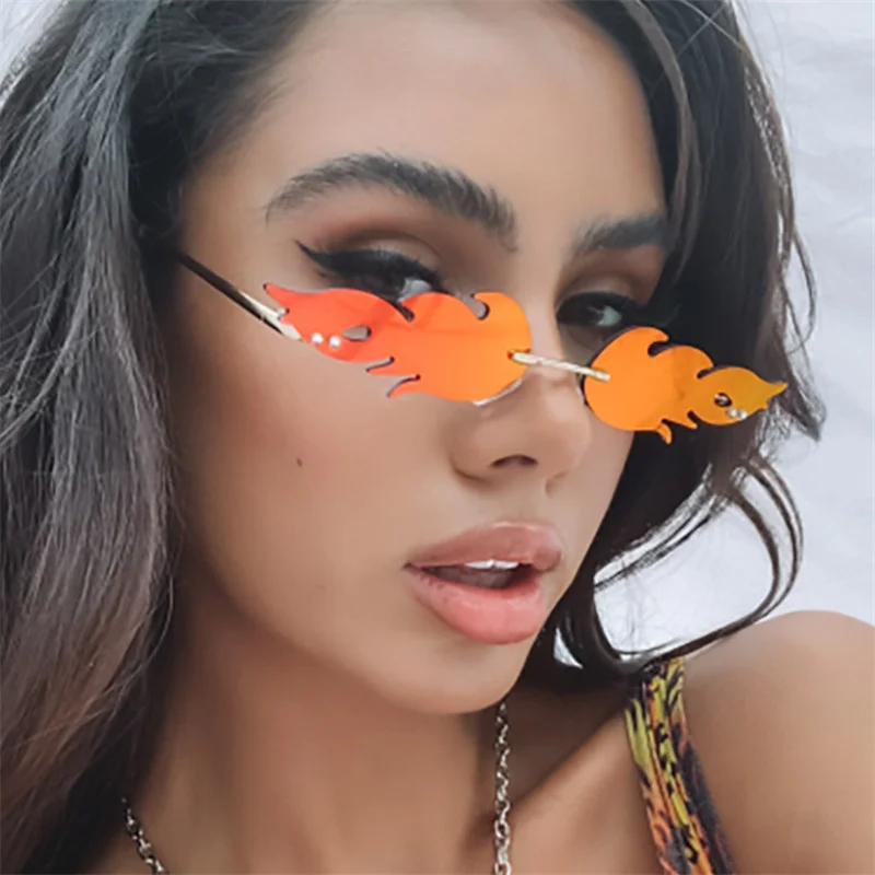 Black PC Novelty Flame Sunglasses Women - Metal Rimless Fire Party Costume Glasses - View 2