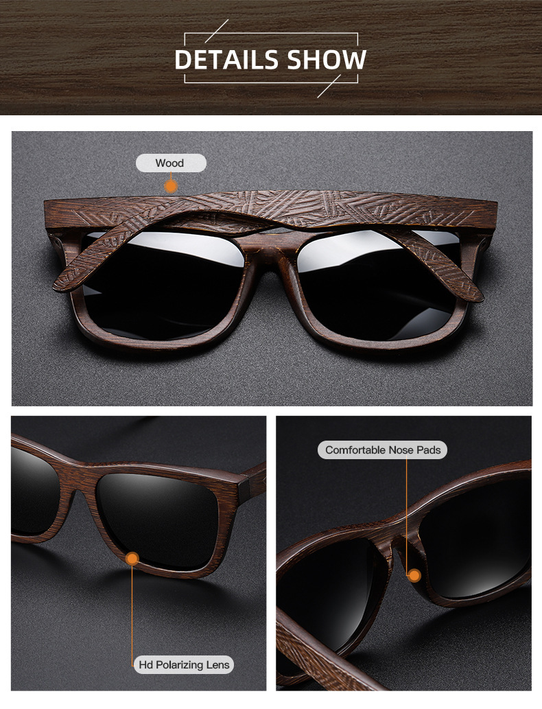 Black, White, Red, Yellow, Blue Bamboo Wood + PC New Retro Wooden Fashion Sunglasses for Men – Bamboo Wood Frame Polarized Eyewear - Details 6