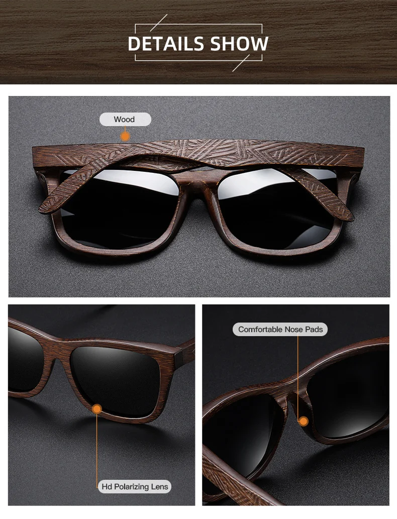 Black, White, Red, Yellow, Blue Bamboo Wood + PC New Retro Wooden Fashion Sunglasses for Men – Bamboo Wood Frame Polarized Eyewear - Details 6