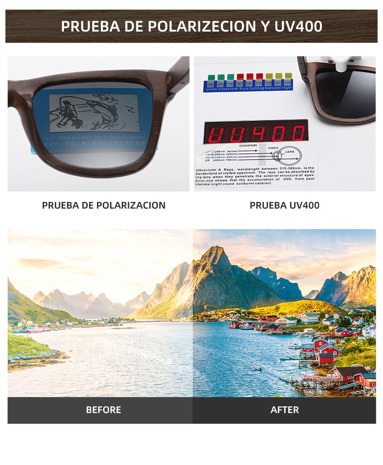 Black, White, Red, Yellow, Blue Bamboo Wood + PC New Retro Wooden Fashion Sunglasses for Men – Bamboo Wood Frame Polarized Eyewear - Details 14