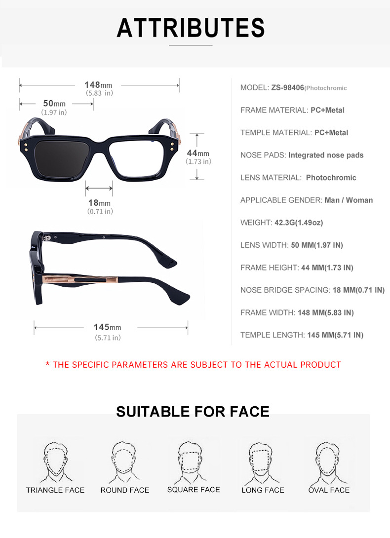 Glossy Black/Gold,Matte Black/White,Matte Black/Gunmetal, Tortoise Gold/White, Matte Translucent Grey, Matte Clear/Silver Zinc Alloy 2026 New Men's Chic Square Photochromic Sunglasses. Personalized Outdoor Gear with UV400 Protection - Details 17