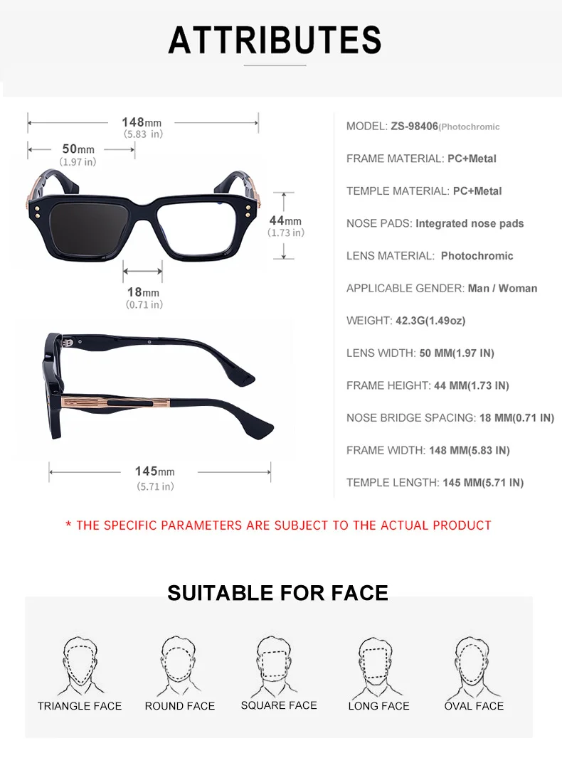 Glossy Black/Gold，Matte Black/White，Matte Black/Gunmetal, Tortoise Gold/White, Matte Translucent Grey, Matte Clear/Silver Zinc Alloy 2026 New Men's Chic Square Photochromic Sunglasses. Personalized Outdoor Gear with UV400 Protection - Details 17