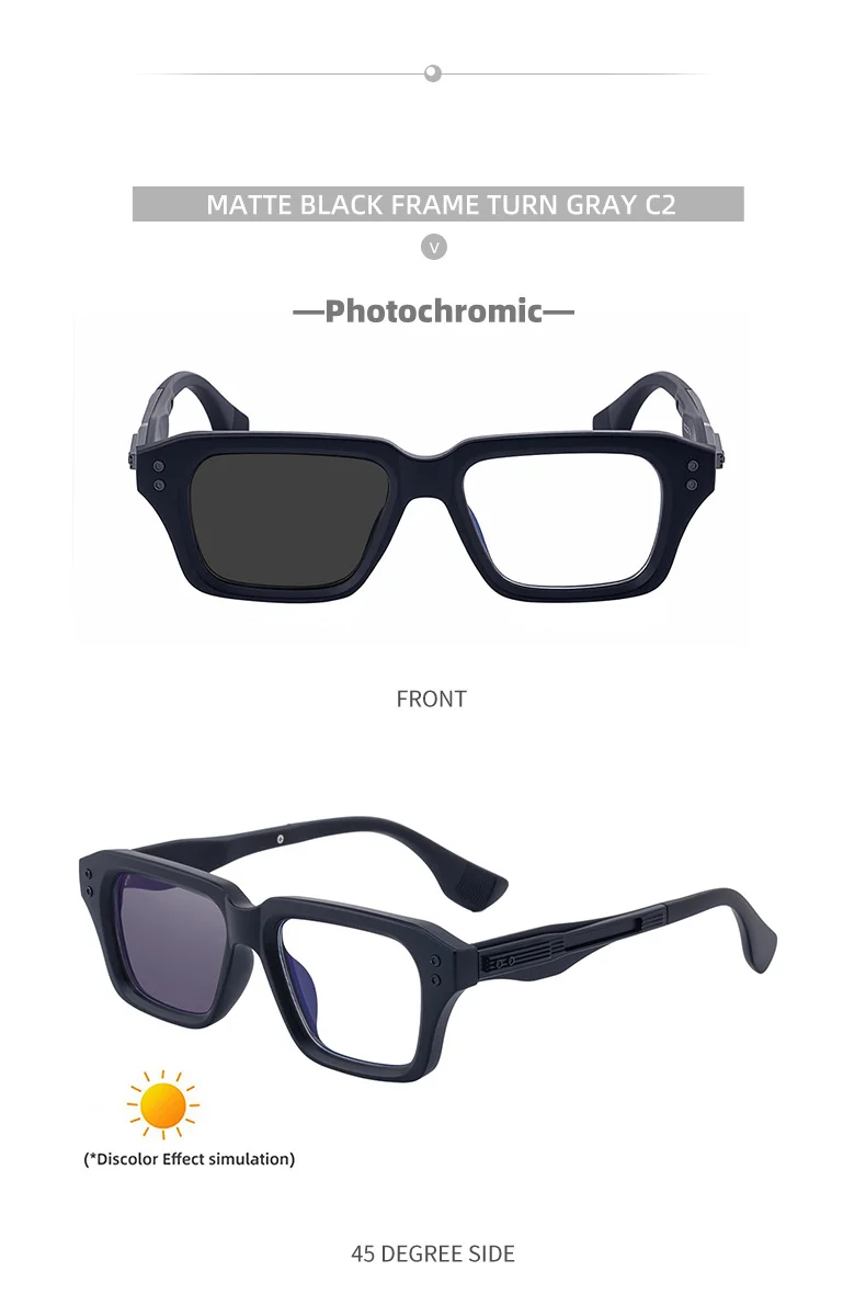 Glossy Black/Gold,Matte Black/White,Matte Black/Gunmetal, Tortoise Gold/White, Matte Translucent Grey, Matte Clear/Silver Zinc Alloy 2026 New Men's Chic Square Photochromic Sunglasses. Personalized Outdoor Gear with UV400 Protection - Details 20