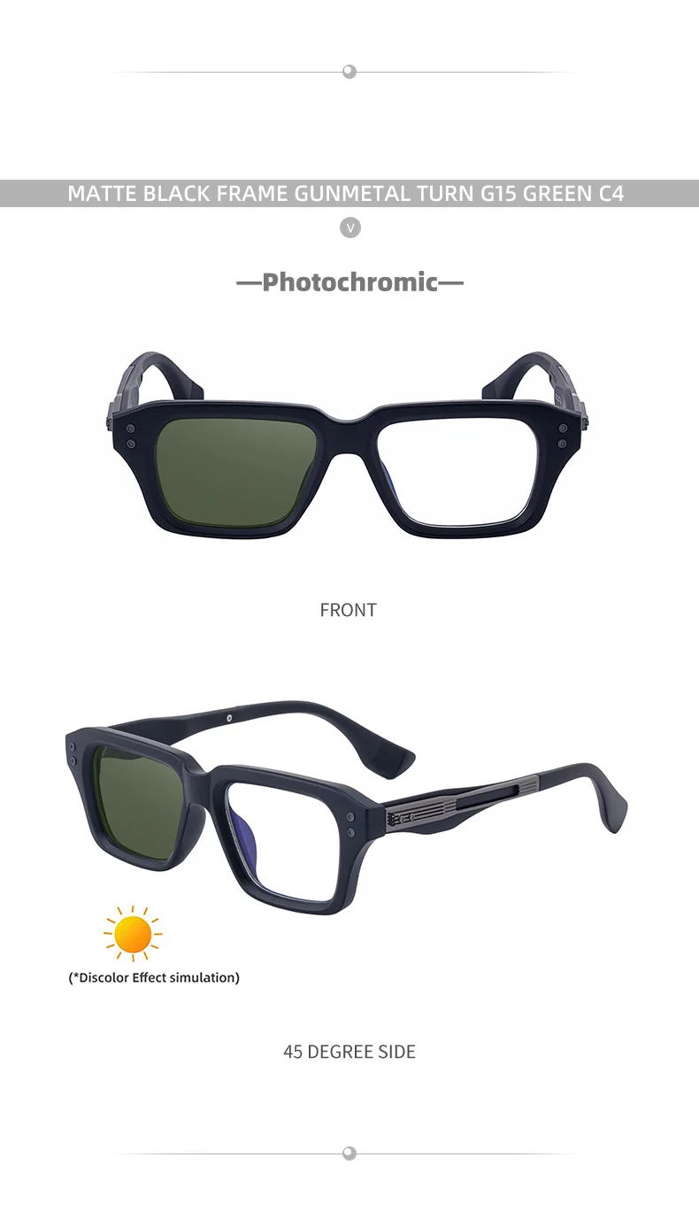 Glossy Black/Gold，Matte Black/White，Matte Black/Gunmetal, Tortoise Gold/White, Matte Translucent Grey, Matte Clear/Silver Zinc Alloy 2026 New Men's Chic Square Photochromic Sunglasses. Personalized Outdoor Gear with UV400 Protection - Details 21