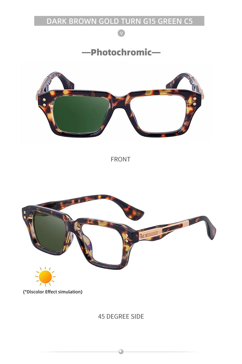 Glossy Black/Gold,Matte Black/White,Matte Black/Gunmetal, Tortoise Gold/White, Matte Translucent Grey, Matte Clear/Silver Zinc Alloy 2026 New Men's Chic Square Photochromic Sunglasses. Personalized Outdoor Gear with UV400 Protection - Details 22