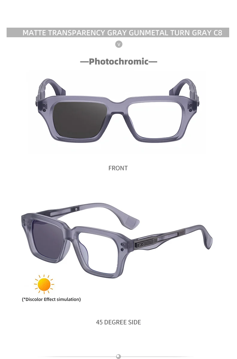Glossy Black/Gold,Matte Black/White,Matte Black/Gunmetal, Tortoise Gold/White, Matte Translucent Grey, Matte Clear/Silver Zinc Alloy 2026 New Men's Chic Square Photochromic Sunglasses. Personalized Outdoor Gear with UV400 Protection - Details 23