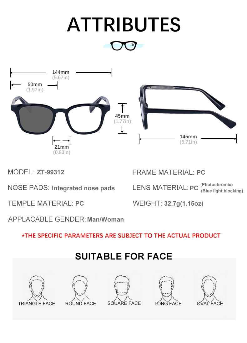 Trendy Women's Square Photochromic Sunglasses – EU/US Style Propionate Frame with Insert Pins for Outdoor UV Protection Details and Specifications