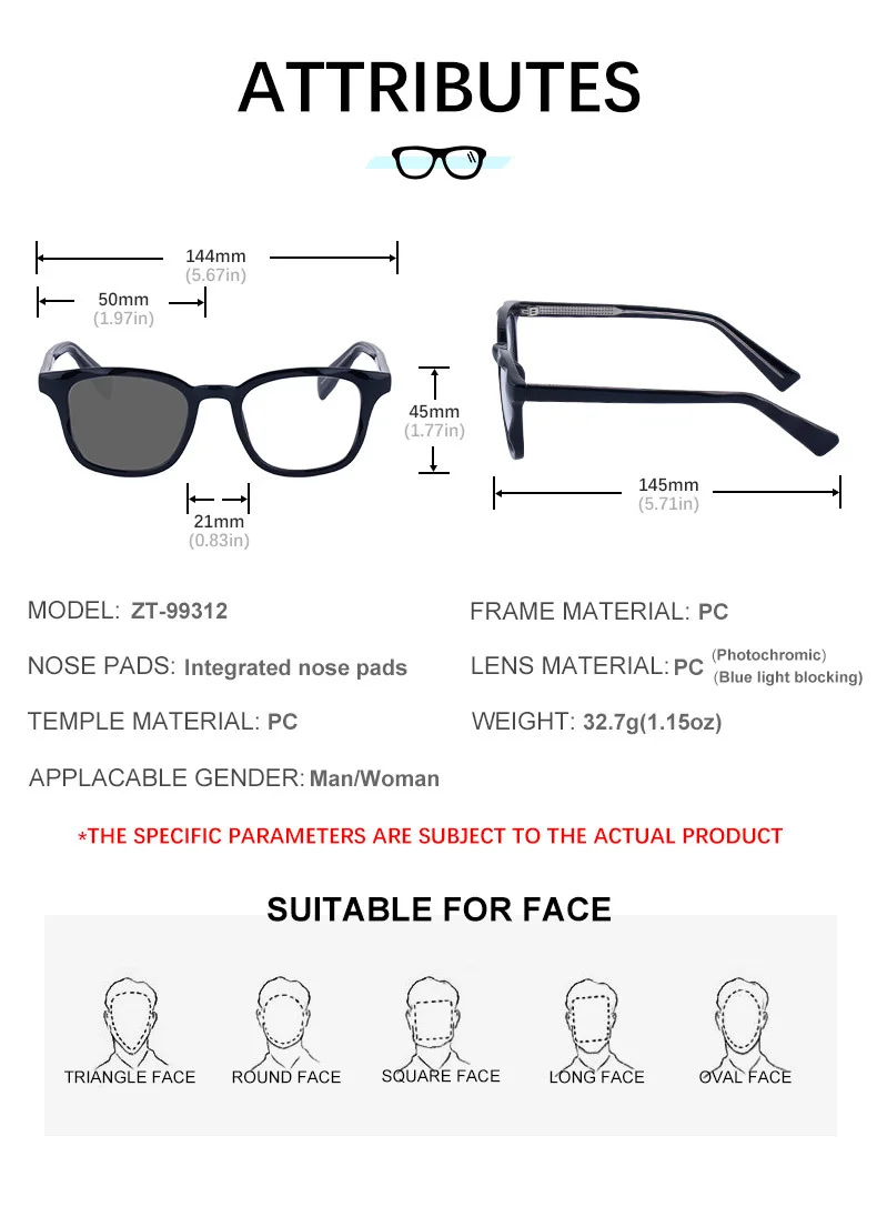 Black PC Trendy Women's Square Photochromic Sunglasses – EU/US Style Propionate Frame with Insert Pins for Outdoor UV Protection - Details 16