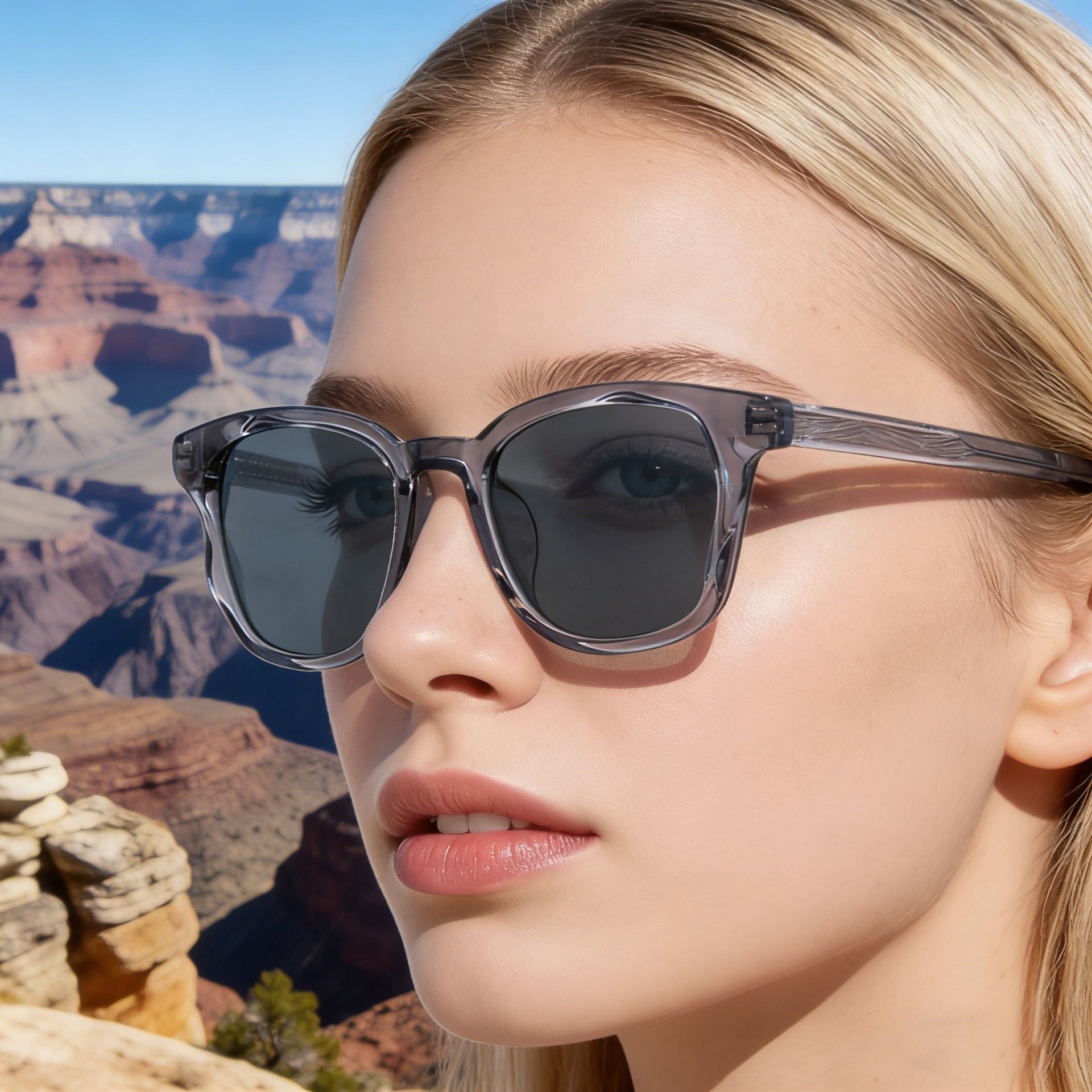 Trendy Women's Square Sunglasses - Unique Versatile Style, Premium Propionate Frame with Signature Pin Temples Details and Specifications