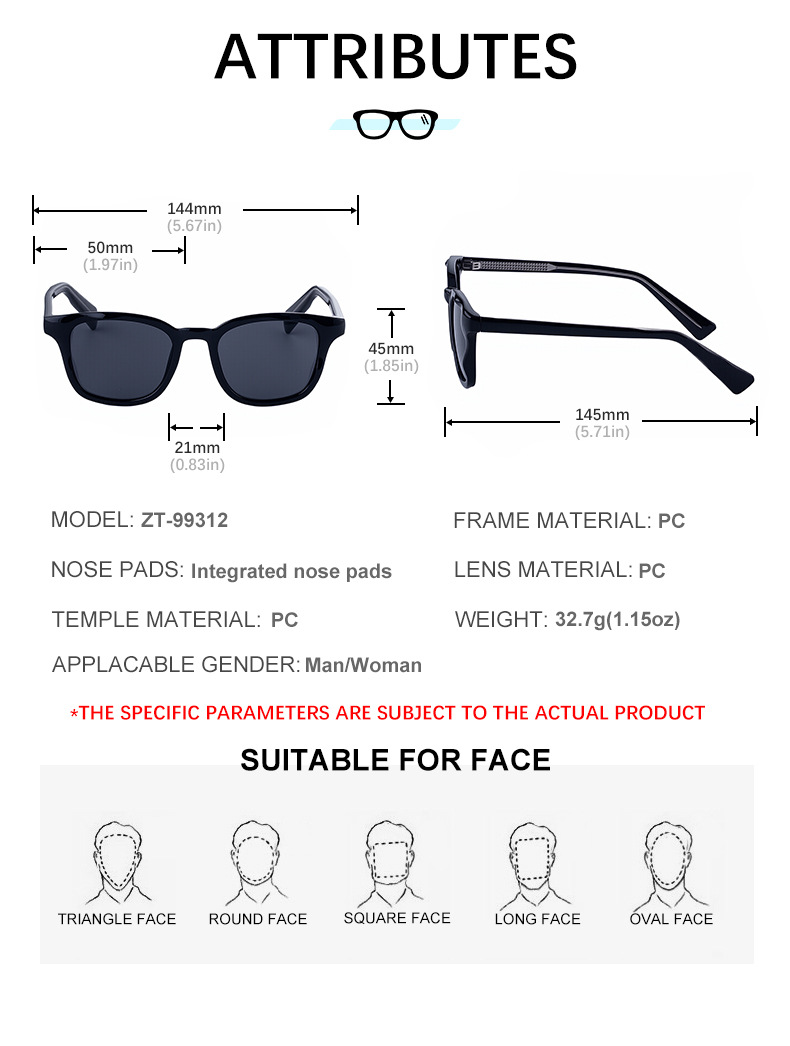 Trendy Women's Square Sunglasses - Unique Versatile Style, Premium Propionate Frame with Signature Pin Temples Details and Specifications