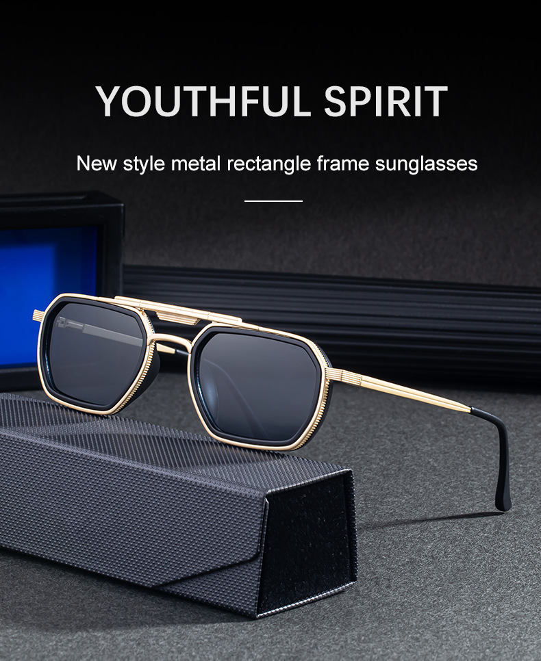 Black Zinc Alloy Men's Retro Square Sunglasses - Trendy Punk Style, Double Bridge Design & Flexible Spring Temples – Vintage Cool Eyewear - Details 3
