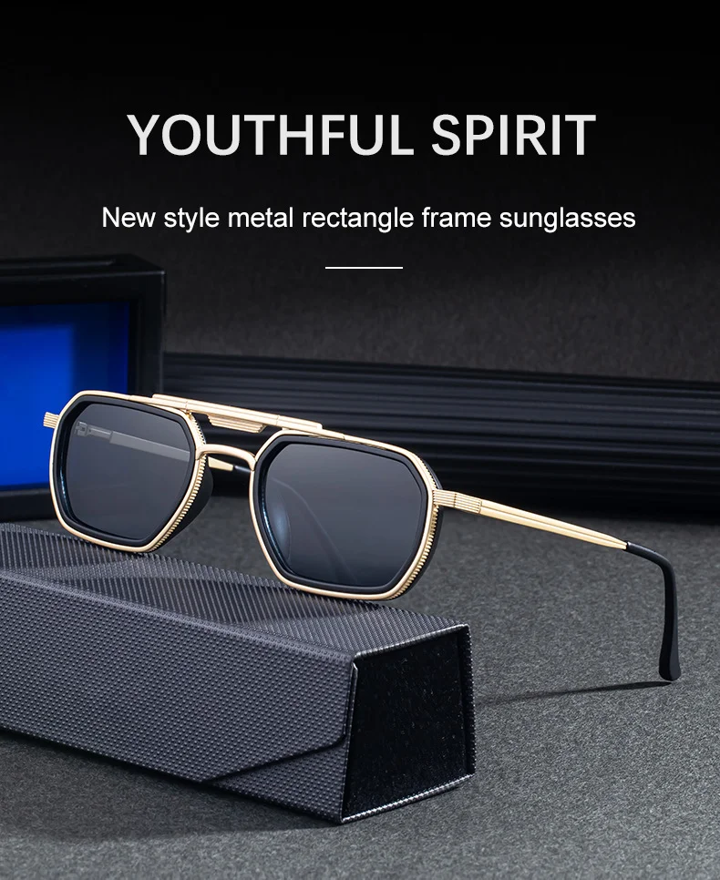 Black Zinc Alloy Men's Retro Square Sunglasses - Trendy Punk Style, Double Bridge Design & Flexible Spring Temples – Vintage Cool Eyewear - Details 3